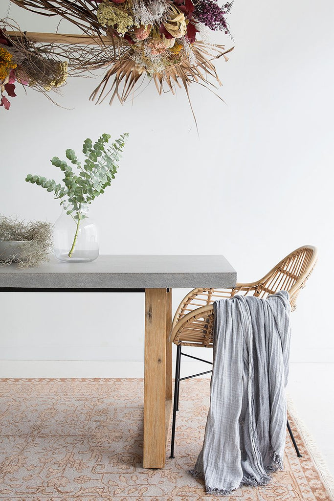 RECTANGULAR DINING TABLE 1.8M, SPECKLED GREY WITH LIGHT HONEY ACAIA LEGS