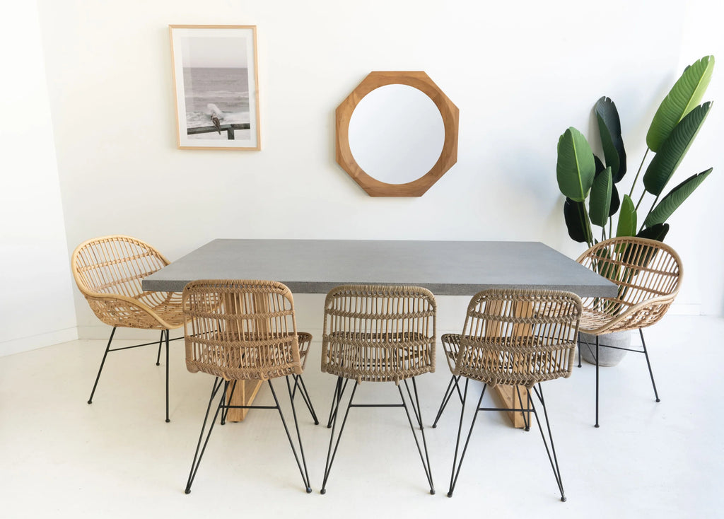 RECTANGULAR DINING TABLE 1.8M, SPECKLED GREY WITH LIGHT HONEY ACAIA LEGS