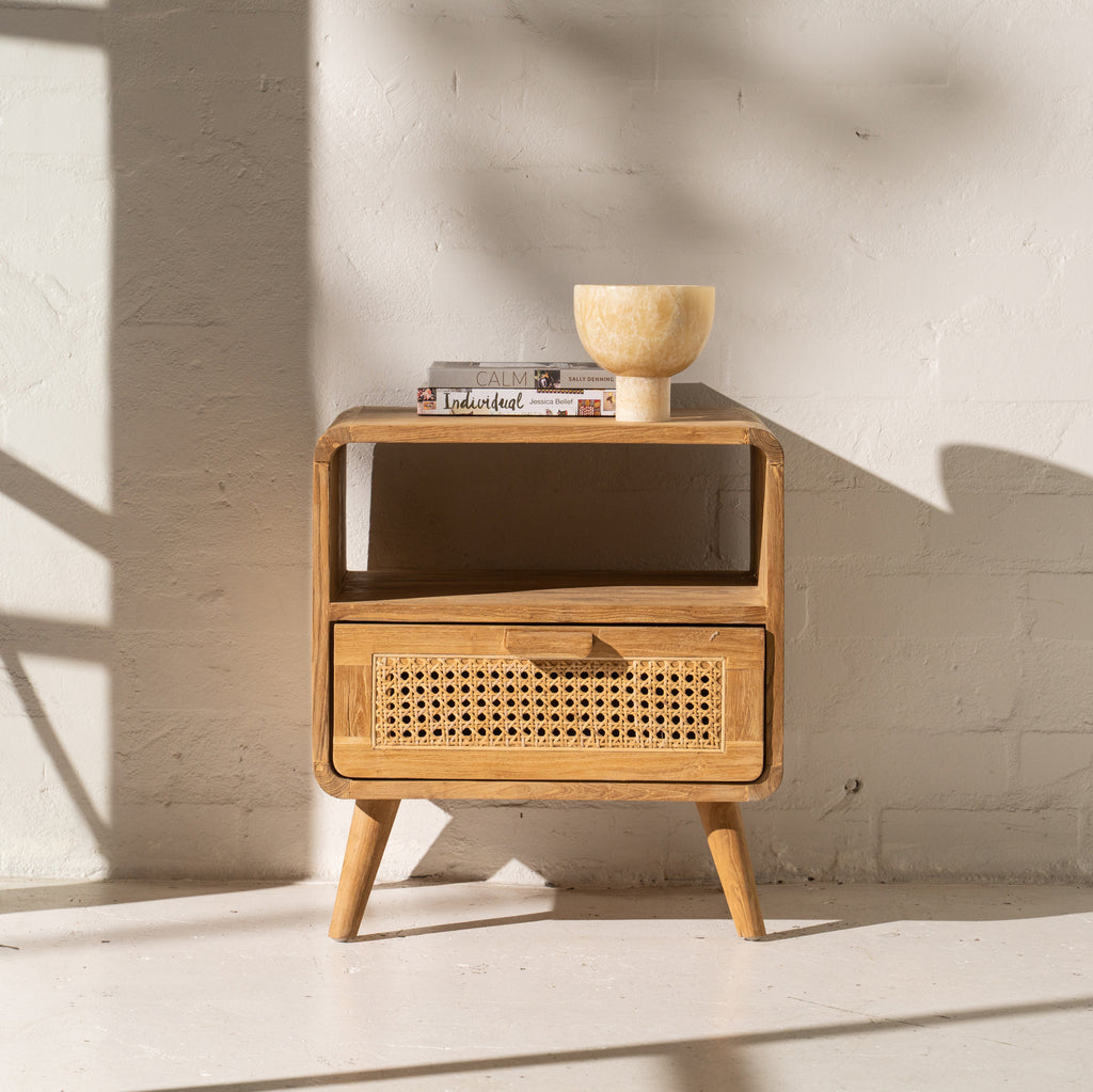 AOLANI TEAK & RATTAN BEDSIDE TABLE