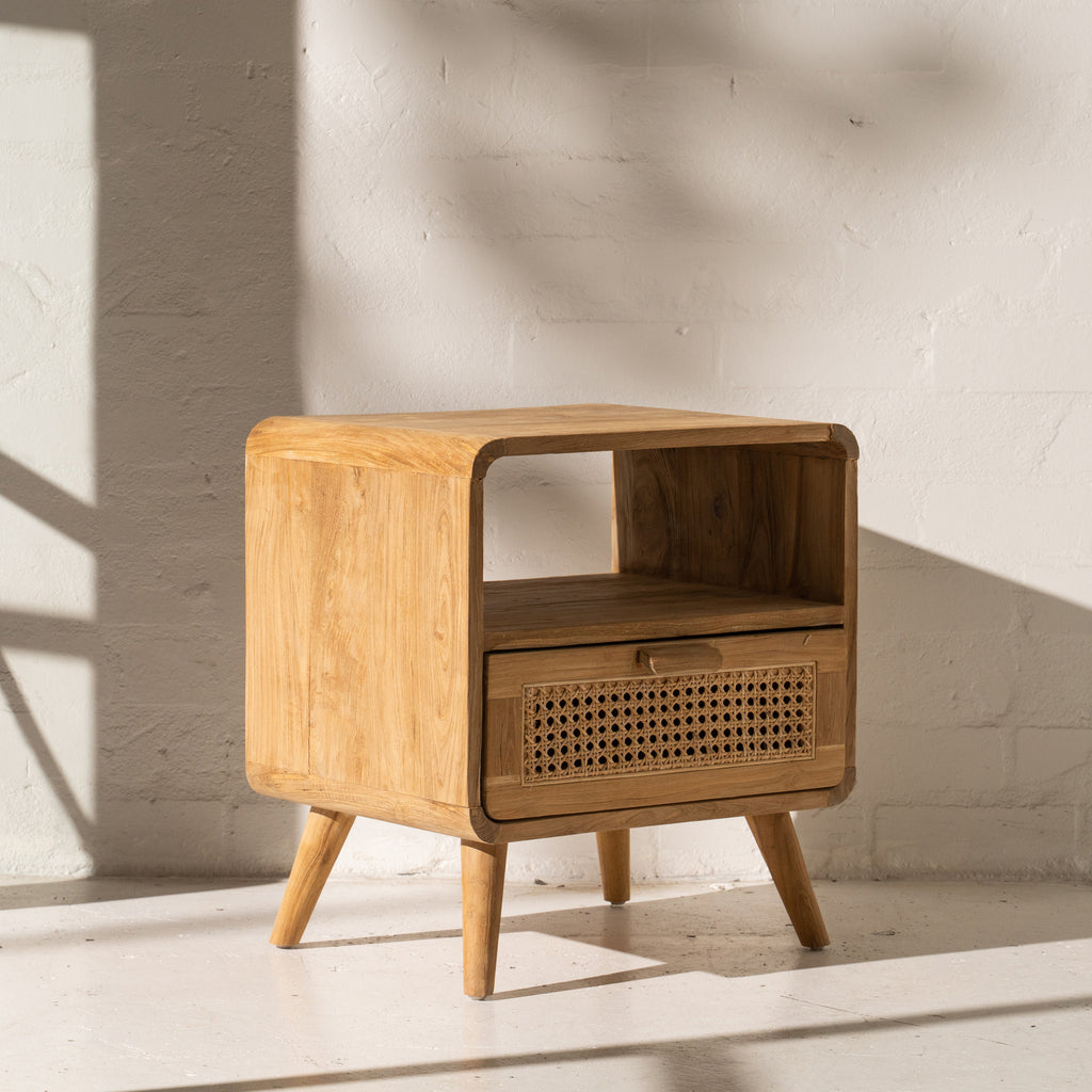 AOLANI TEAK & RATTAN BEDSIDE TABLE