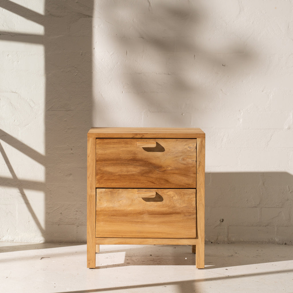 2-DRAWER TEAK BEDSIDE TABLE