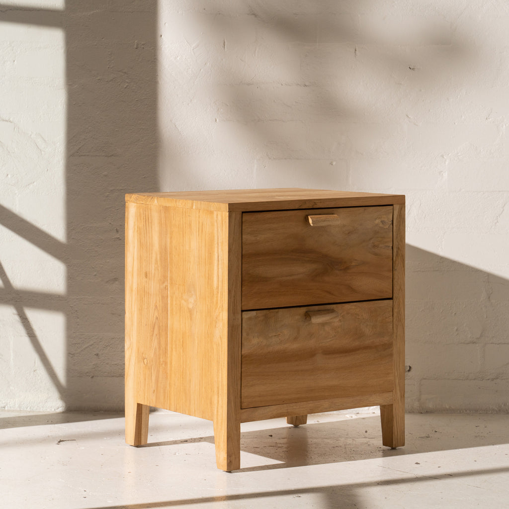 2-DRAWER TEAK BEDSIDE TABLE