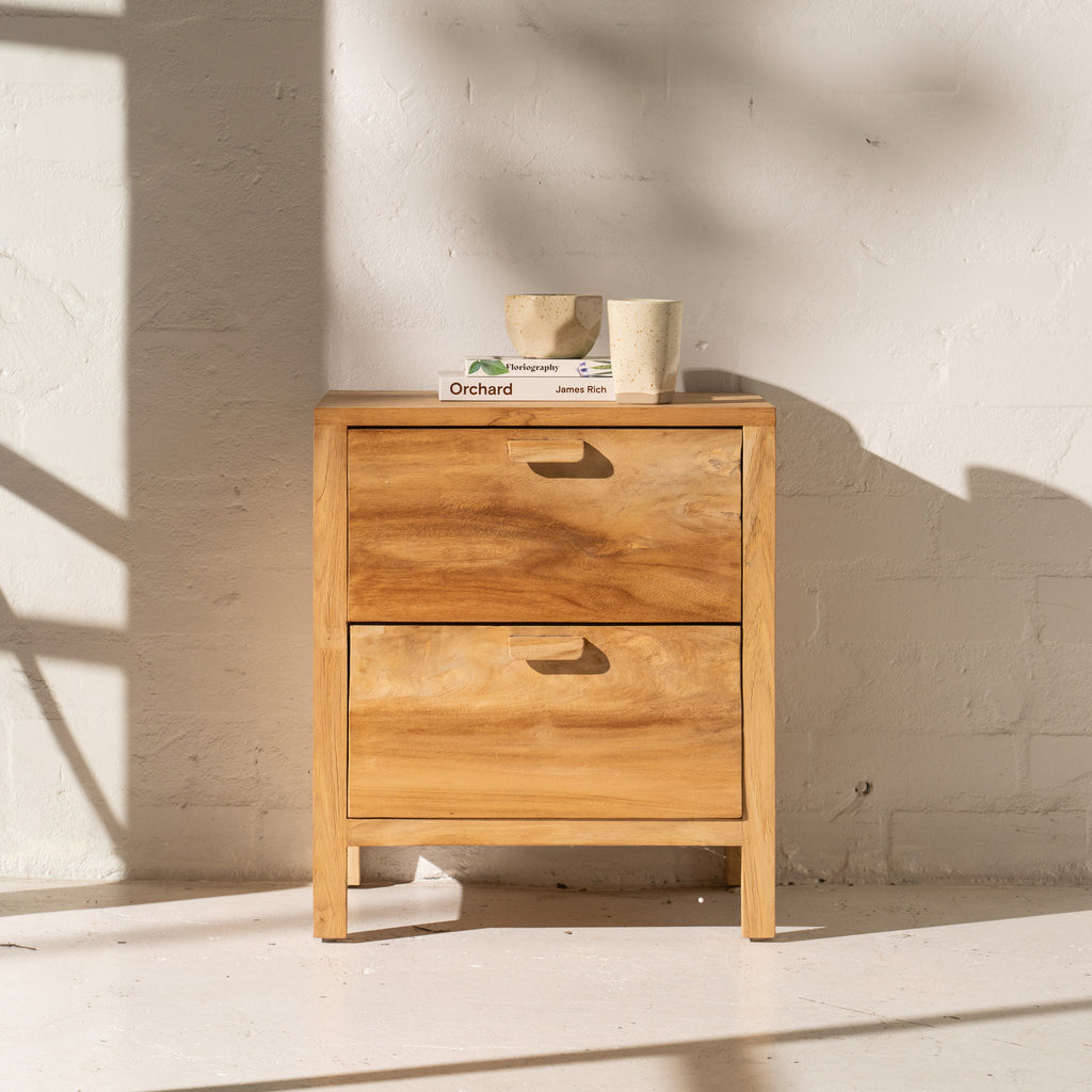 2-DRAWER TEAK BEDSIDE TABLE