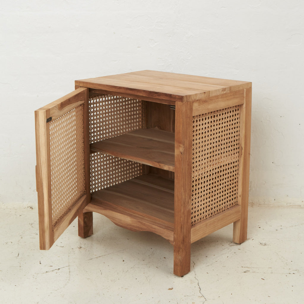 EDNA TEAK AND RATTAN BEDSIDE TABLE