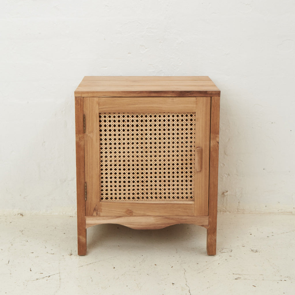 EDNA TEAK AND RATTAN BEDSIDE TABLE