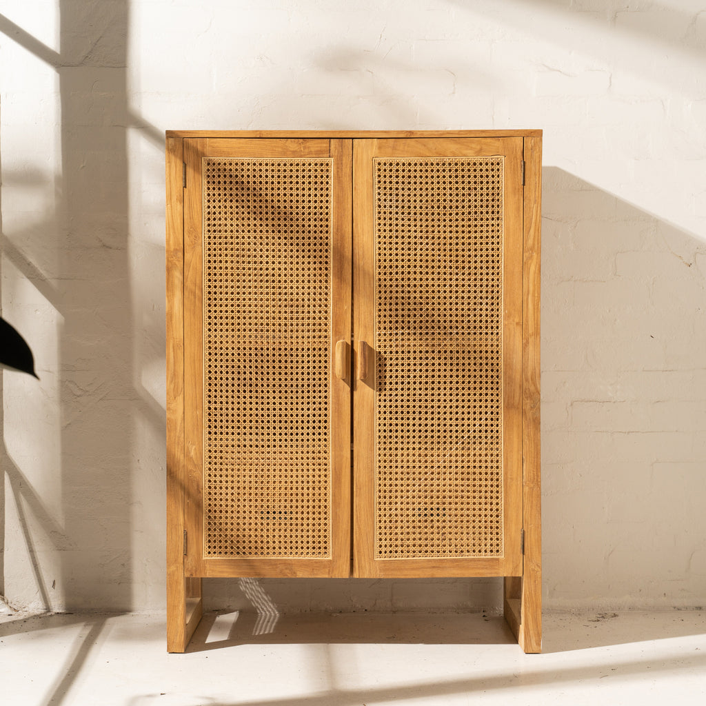 TEAK & RATTAN MEDIUM STORAGE CABINET