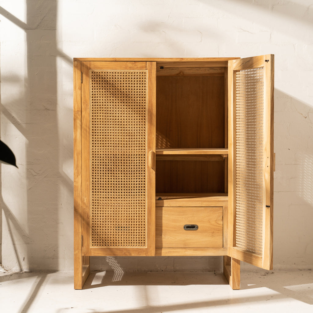 TEAK & RATTAN MEDIUM STORAGE CABINET