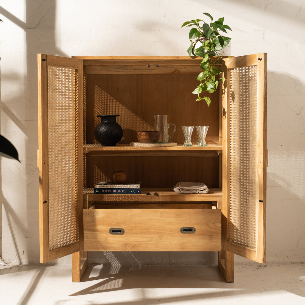 TEAK & RATTAN MEDIUM STORAGE CABINET