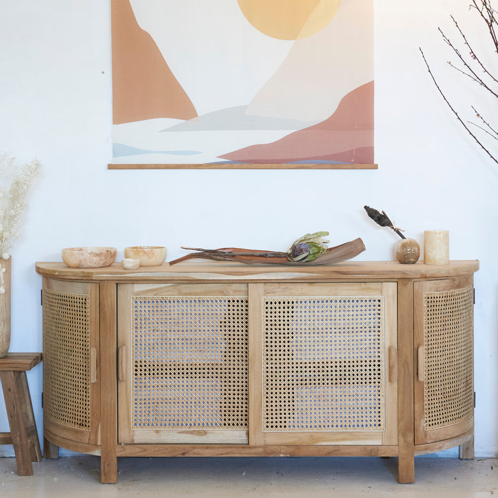 TEAK & RATTAN CURVED CABINET