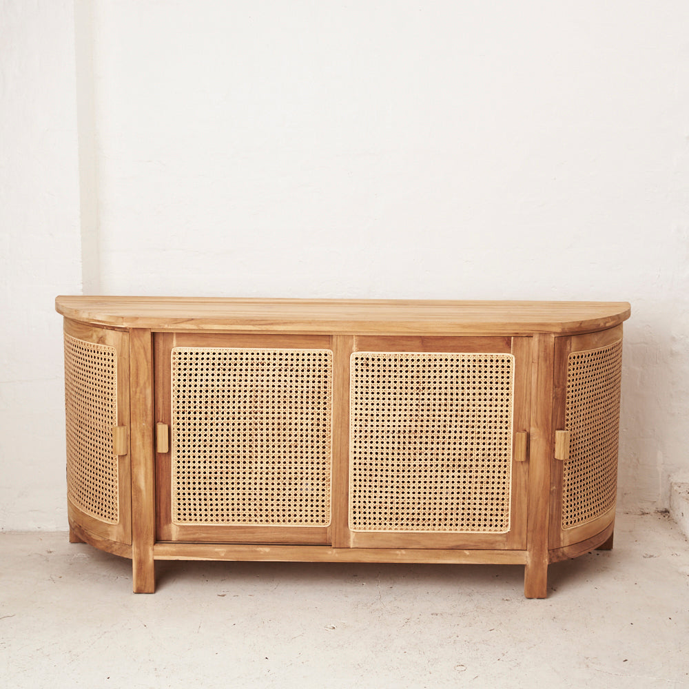 TEAK & RATTAN CURVED CABINET